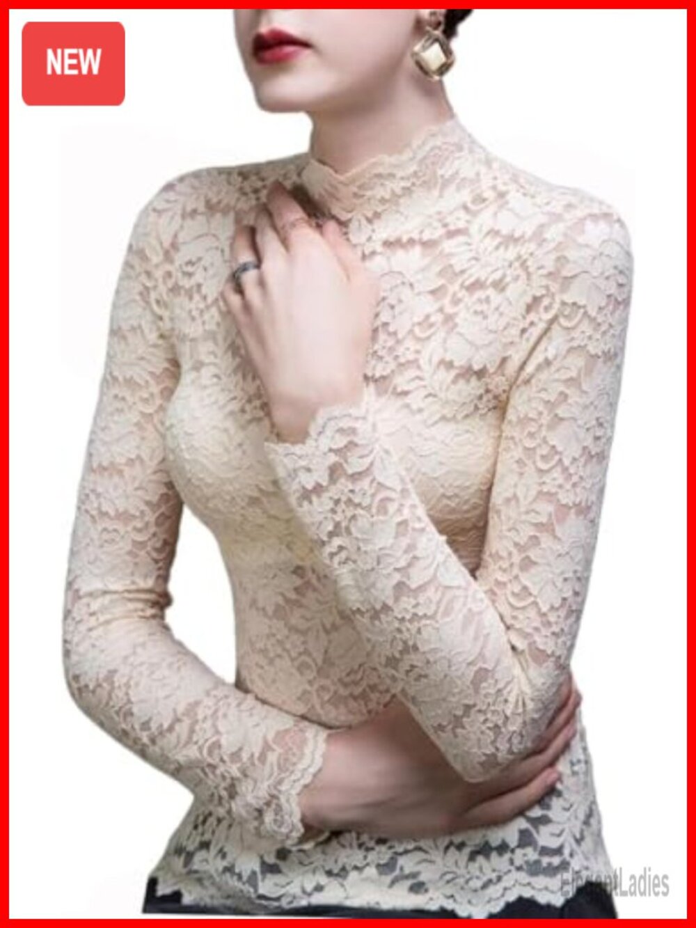 Lace Top Long Sleeve Sheer Turtleneck Floral Mesh Blouse
